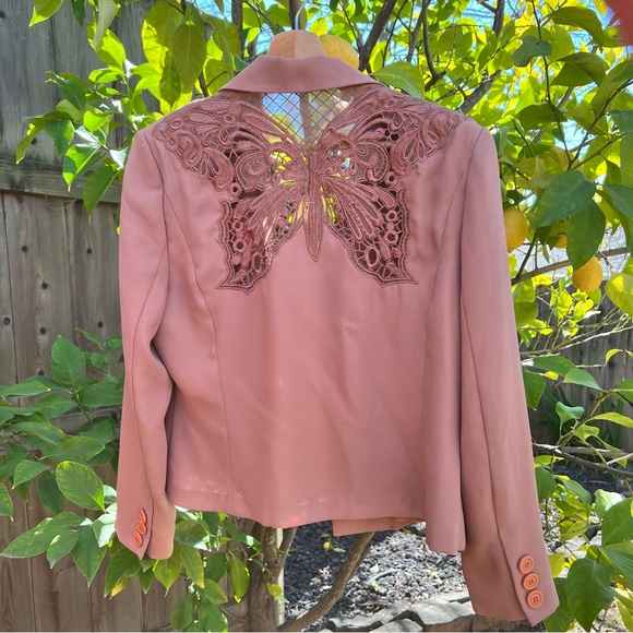 Vintage 90s Mauve Mesh Lace Butterly Back Copped Blazer Jacket 🌿 - Picture 3 of 15